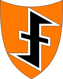 An orange shield with a black wolfsangel