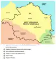 Hartă iugoslavă în care frontiera sovietică din 1940 în Bucovina apare ca revendicată încă din 1918 de Republica populară vest-ucraineană (în realitate, aceasta a revendicat partea de nord-vest a Bucovinei cu o limită sinuoasă, incluzând Rădăuții, vezi sursele de mai sus).