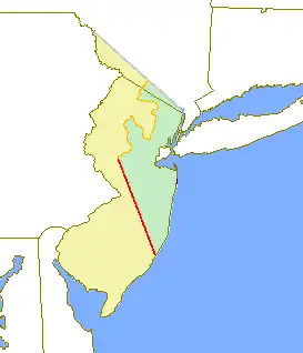 Provinciile East Jersey și West Jersey sunt indicate în verde și respectiv în galben.  Linia Keith, din 1687, este indicată în roșu, iar linia Linia Cox și Barclay, din 1688, este trasată în portocaliu.