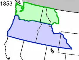 Oregon Territory (în albastru) şi Washington Territory (în verde) în 1853