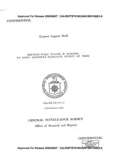 Document CIA despre construcția de combinate industriale prin intermediul companiilor din afara Blocului Estic, ajutor vest-german la combinatul de cauciuc sintetic Onești, critici din partea conducerii statului asupra acestor intervenții străine;