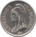 Monedă de 1 franc francez (ediţia 1992); avers: circular, RÉPUBLIQUE FRANÇAISE•; cap spre stânga, Marianne purtând bonetă frigiană; margini perlate