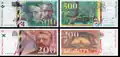 Bancnote de 200 și de 500 de franci noi (avers și revers): Eiffel, 1995, 200franci; Pierre și Marie Curie, 1993, 500 franci