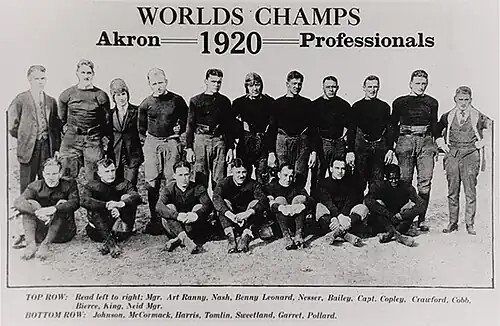 Un grup de 18 bărbați, 11 stând în spate și șapte stând în față. Deasupra bărbaților, centrat în mijlocul afișului, este textul pe care scrie „Worlds Champs”. Sub aceasta se află sintagma „Akron Professionals” – anul 1920 este plasat între „Akron” și „Professionals”.