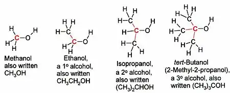 Câţiva alcooli comuni: Metanol, Etanol, Izopropanol, terţ-Butanol