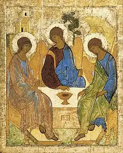 Icoana Sfintei Treimi; de Andrei Rubliov; circa 1411; tempera pe panou; 1,1 x 1,4 m; Galeria Tretiakov (Moscova)