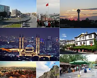 În sensul acelor de ceasornic, din stânga sus: Piața Sıhhiye, vedere la Ankara din Anıtkabir, Atakule, Beypazarı, piața de carte din Kızılay, Castelul Ankara, vedere din cetate, Moscheea Kocatepe