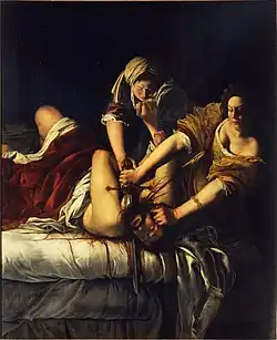 Iudita Tăindu-i lui Olofern Capul; de Artemisia Gentileschi; 1611-1612; ulei pe pânză; 163 x 126 cm; Galeria Uffizi, Florența, Italia
