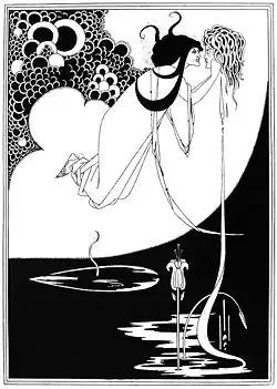 Punctul culminant, ilustrație pentru Salomeea a lui Oscar Wilde; de Aubrey Vincent Beardsley; 1893; xilogravură; 34 x 27 cm; colecție privată