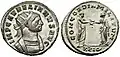 Monedă romană emisă sub Aurelian, născut la Sirmium, în 214; avers: IMP C AVRELIANVS AVG, cap cu coroană radială, bust cu platoșă, spre dreapta; revers: CONCORDIA MILITVM; XXIC, în exergă