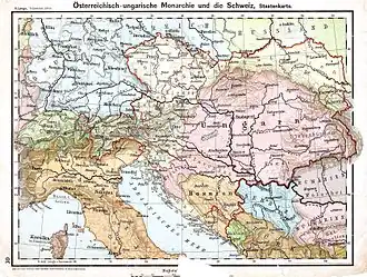Austro-Ungaria cu Cisleithania (galben), Transleithania (roz) și Bosnia-Herțegovina (portocaliu), în D.H. Lange: Volksschul-Atlas. 1899