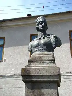 Bustul lui Avram Iancu din Baia de Criș în fața fostei clădiri a Prefecturii Comitatului Țării Zarandului (monument istoric)