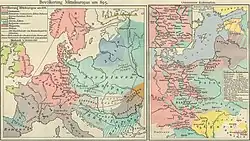 Harta etnică a Europei Centrale și de Est în Evul Mediu, în urma procesului Ostsiedlung care i-a inclus și pe țipțeri (sau sașii din Szepes/Spiș; în germană Zipser Sachsen), marcați cu roz hașurat în regiunea Zips cu o dată temporală de referință la circa 1150.