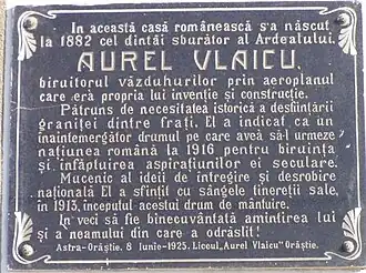 Placa commemorativă la casa memorială Aurel Vlaicu