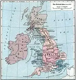 Insulele britanice la circa 802 d.Hr., cu cele 7 regate anglo-saxone