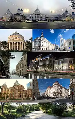 De sus în jos: Spitalul Colțea, Ateneul Român, Calea Victoriei, Centrul Vechi, Palatul de Justiție, Palatul CEC, Banca Națională, Parcul Floreasca
