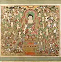 Buddha Seokgamoni (Shakyamuni) propovăduind adunării pe vârful vulturelui; 1755; cerneală și culoare pe mătase; aproximativ 335,28 x 406,4&nbsp;cm; Muzeul de Artă al Comitatului Los Angeles (SUA)