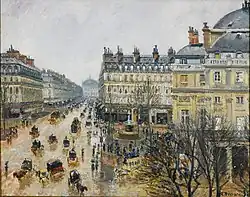 Place du Théâtre Français, Paris: Ploaie; de Camille Pissarro; 1898; ulei pe pânză; 73,6 × 91,4&nbsp;cm.; Institutul de Artă din Minneapolis (SUA)
