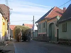 Căruță cu fân pe o stradă din Rășinari