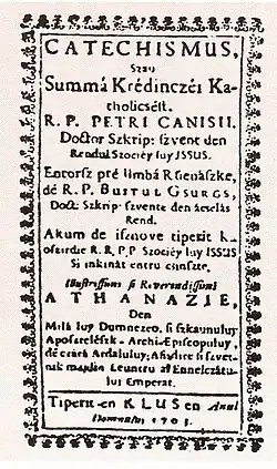 Catechismus szau Summa Krédinczéi Katholicsést. „Tiperit en Klus en Anul Domnului 1703” (jos)