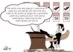 Cohn's law (Legea lui Cohn): "Cu cât mai mult timp petreci trimițând rapoarte despre ce faci, cu atât mai puțin timp mai poți face altceva. Stabilitatea e atinsă când toci tot timpul făcând nimic, dar trimițând rapoarte că exact asta faci: nimic."