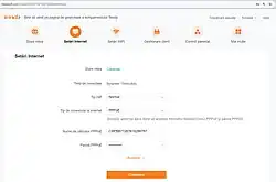 Din interfața locală a unui ruter Wi-Fi, din Setări conexiune Internet putem selecta modulul de conectare. În exemplu s-a selectat PPPoE apoi s-a introdus utilizatorul și parola PPPoE oferite abonatului de către ISP.