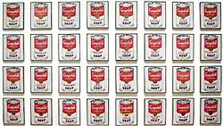 Conservele de Supă Campbell; de Andy Warhol; 1962; vopsea din polimeri sintetici pe pânză; 51 × 41 cm fiecare dintre cele 32 de pânze; Muzeul de Artă Modernă (New York City)