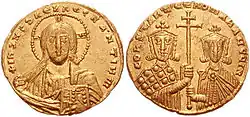 Monedă de aur “solidus” emisă între anii 945-959 cu chipurile lui Constantin al VII-lea Porfirogenet şi Roman al II-lea