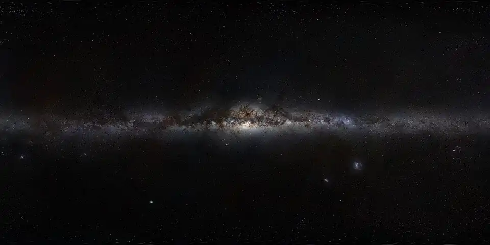 360-degree panorama view of the Milky Way (an assembled mosaic of photographs) by ESO, the galactic centre is in the middle of the view, with galactic north up