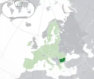Poziția geografică a Bulgariei (verde închis) în cadrul continentului european (verde deschis/gri închis) și al Uniunii Europene (verde deschis)