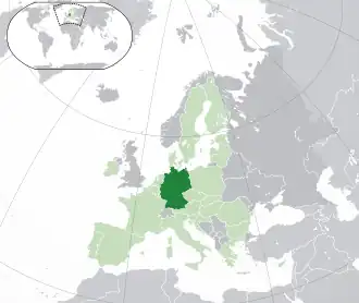Localizarea &nbsp;Germaniei&nbsp;&nbsp;(verde închis)–&nbsp;pe continentul european&nbsp;&nbsp;(verde deschis și&nbsp;gri închis)–&nbsp;în Uniunea Europeană&nbsp;&nbsp;(verde deschis)&nbsp; —&nbsp; [Legendă]