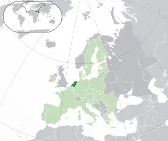Localizarea Țărilor de Jos (verde închis)– pe continentul european (verde și gri închis)– in Uniunea Europeană (verde)