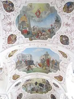 Stucaturi cu arabescuri în Biserica Sfântul Mauriciu din Ebersmunster (Alsacia, Franța), anii 1740