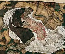 Moartea și Fecioara; de Egon Schiele; 1915; ulei pe pânză; 150 x 180&nbsp;cm; Österreichische Galerie Belvedere (Viena, Austria)