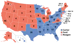 Map of the 1976 presidential election. Most western states are red whilst the majority of eastern states are blue.