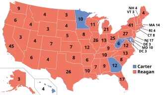 Electoral Map of the 1980 election. Almost all the states are Red.