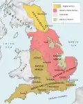 Danelaw (i.e. regatul danezilor în Anglia medievală timpurie) la 878 d.Hr.
