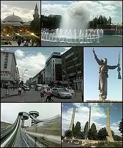 Top left: Lala Kara Mustafa Pasha Mosque, Top right: Erzurum Poolside, Middle left: Cumhuriyet avenue, Top right: Statue of Nene Hatun, Bottom left: Kiremitliktepe Ski Jump, Bottom right: The Statue of Liberty in Erzurum