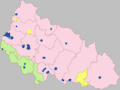 Majoritatea etnică în comunele regiunii Transcarpatia. Ucrainenii cu roz, maghiarii cu verde, românii cu galben, iar zonele mixte cu ucraineni și ruși în albastru; așa cum a relevat recensământul ucrainean din 2001.