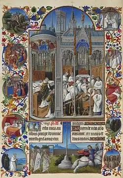 Pagină din Très Riches Heures du Duc de Berry care prezintă înmormântarea lui Raymond Diocrès; 1411-1416 și 1485–1486; tempera pe pergament; înălțime: 29&nbsp;cm, lățime: 21&nbsp;cm; Muzeul Condé (Chantilly, Franța)