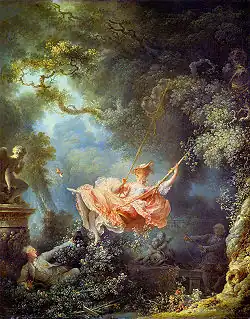 Leagănul; de Jean-Honoré Fragonard; 1767–1768; ulei pe pânză; înâlțime: 81&nbsp;cm, lățime: 64&nbsp;cm; Colecția Wallace (Londra)