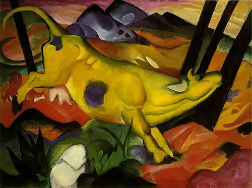 Vaca Galbenă; de Franz Marc; 1911; ulei pe pânză; 140,5 × 189,2&nbsp;cm; Muzeul Solomon R. Guggenheim (New York City)