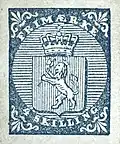 Stema naţională pe primul timbru norvegian (1855).