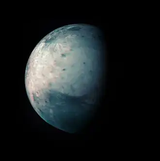 Infrared image of Ganymede taken during the Juno flyby in July 2021. Image Credits: A. Mura -Juno/JIRAM - ASI/INAF/JPL-Caltech/SwRI
