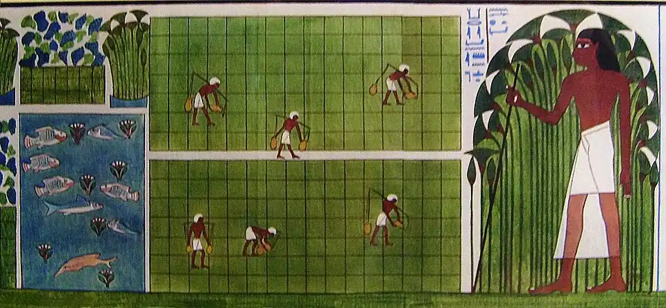 Grădinile Egiptului antic erau simboluri ale renașterii. Pictură din morminte a grădinilor lui Amon la templul Karnak, de la mormântul lui Nakh, grădinarul șef; începutul secolului al XIV-lea î.Hr.