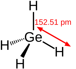 Skeletal chemical structure of a tetrahedral molecule with germanium atom in its center bonded to four hydrogen atoms. The Ge-H distance is 152.51 picometers.