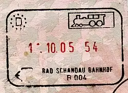 Ștampilă de ieșire pentru călătorie feroviară, emisă la Bad Schandau la granița ceho-germană înainte ca Cehia să adere la Spațiul Schengen