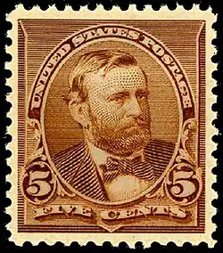 Imagine a lui Grant pe un timbru, emis în 1890, maro, cinci cenți.
