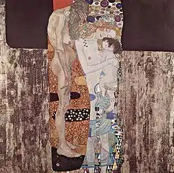 Cele Trei Vârste ale Femeii; de Gustav Klimt; 1905; ulei pe canvas; 180 × 180&nbsp;cm; Galeria Națională de Artă Modernă și Contemporană (Roma)