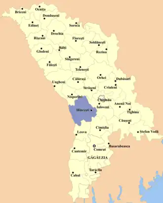 Raionul Hîncești pe harta Republicii Moldova